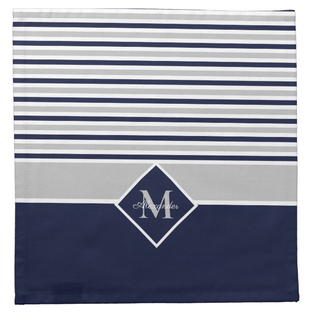 Nautical Modern Navy Blue Gray Monogram  Cloth Napkin (Front)