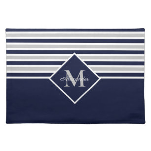 Nautical Modern Navy Blue Gray Monogram Cloth Placemat