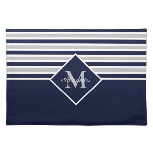 Nautical Modern Navy Blue Gray Monogram  Cloth Placemat