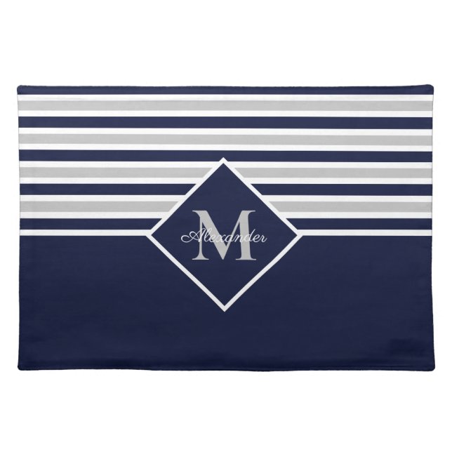 Nautical Modern Navy Blue Gray Monogram  Cloth Placemat (Front)