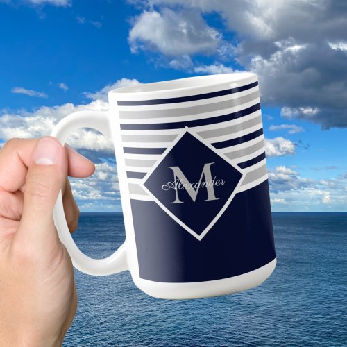 Nautical Modern Navy Blue Gray Monogram  Coffee Mug