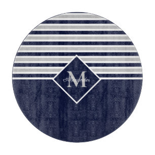 Nautical Modern Navy Blue Gray Monogram Cutting Board