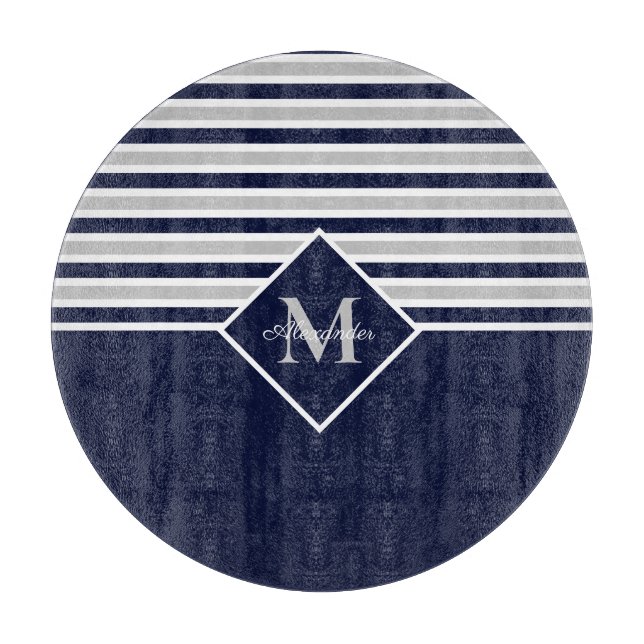 Nautical Modern Navy Blue Gray Monogram Cutting Board (Front)
