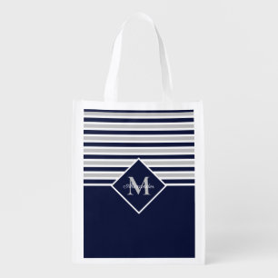 Nautical Modern Navy Blue Gray Monogram Grocery Bag