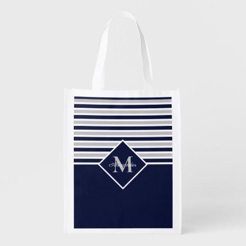 Nautical Modern Navy Blue Gray Monogram  Grocery Bag