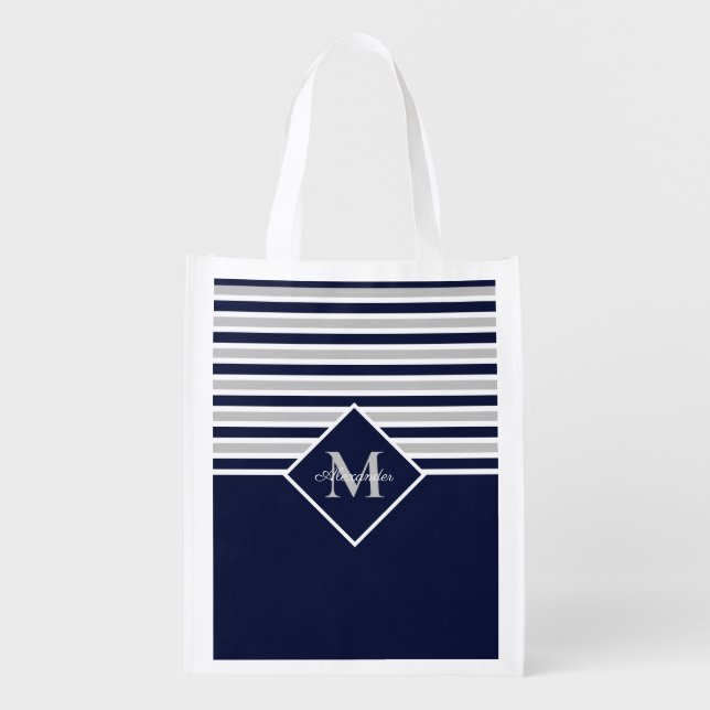 Nautical Modern Navy Blue Gray Monogram  Grocery Bag (Front)