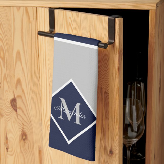 Nautical Modern Navy Blue Gray Monogram   Kitchen  Kitchen Towel (Thirds Fold)