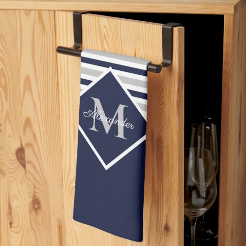 Nautical Modern Navy Blue Gray Monogram Kitchen Towel