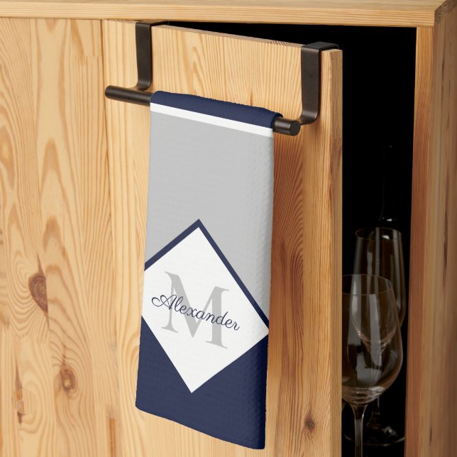Nautical Modern Navy Blue Gray Monogram   Kitchen Towel (Thirds Fold)
