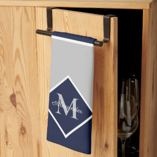 Nautical Modern Navy Blue Gray Monogram   Kitchen  Towel