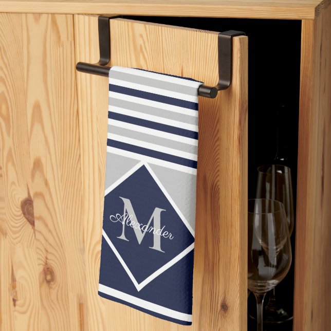 Nautical Modern Navy Blue Gray Monogram   Kitchen  Towel (Thirds Fold)