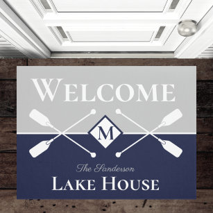 Nautical Modern Navy Blue Gray Monogram Lake House Doormat
