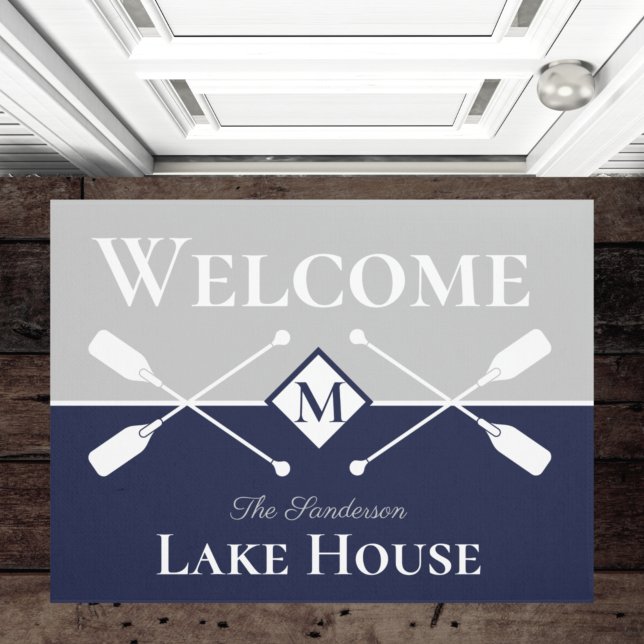 Nautical Modern Navy Blue Gray Monogram Lake House Doormat (Creator Uploaded)