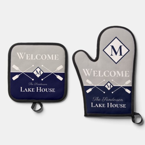 Nautical Modern Navy Blue Gray Monogram Lake House Oven Mitt  Pot Holder Set