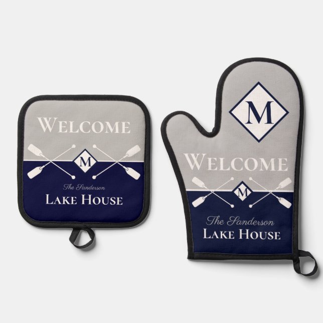Nautical Modern Navy Blue Gray Monogram Lake House Oven Mitt & Pot Holder Set (Front)