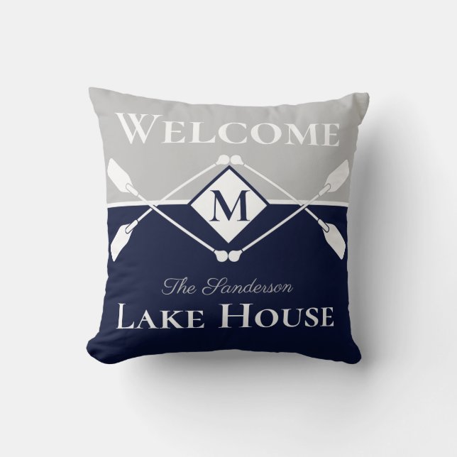Nautical Modern Navy Blue Gray Monogram Lake House Throw Pillow (Front)