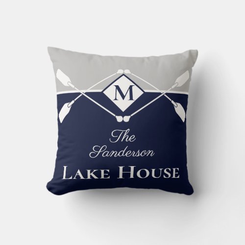 Nautical Modern Navy Blue Gray Monogram Lake House Throw Pillow