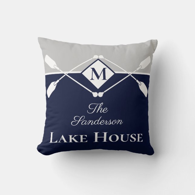 Nautical Modern Navy Blue Gray Monogram Lake House Throw Pillow (Front)