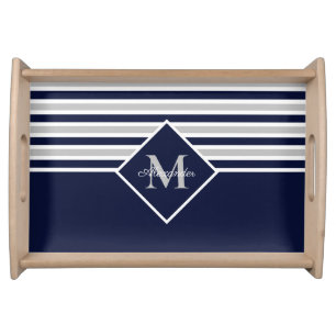 Nautical Modern Navy Blue Gray Monogram   Serving Tray
