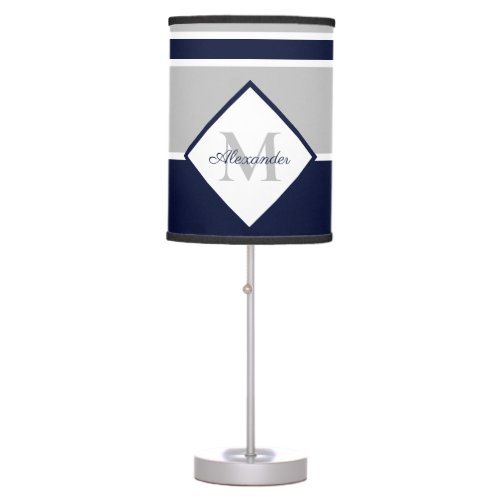 Nautical Modern Navy Blue Gray Monogram Table Lamp