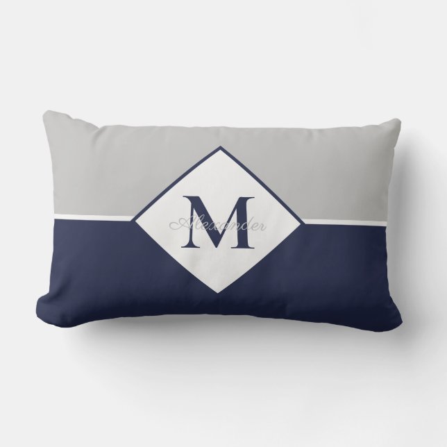 Nautical Modern Navy Blue Gray Monogram  Throw Pil Lumbar Pillow (Front)