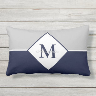 Nautical Modern Navy Blue Gray Monogram  Throw Pil Lumbar Pillow