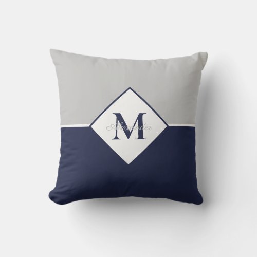 Nautical Modern Navy Blue Gray Monogram  Throw Pil Outdoor Pillow