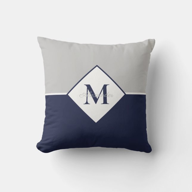 Nautical Modern Navy Blue Gray Monogram  Throw Pil Outdoor Pillow (Front)