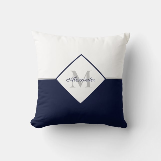 Nautical Modern Navy Blue Gray Monogram  Throw Pil Throw Pillow (Front)