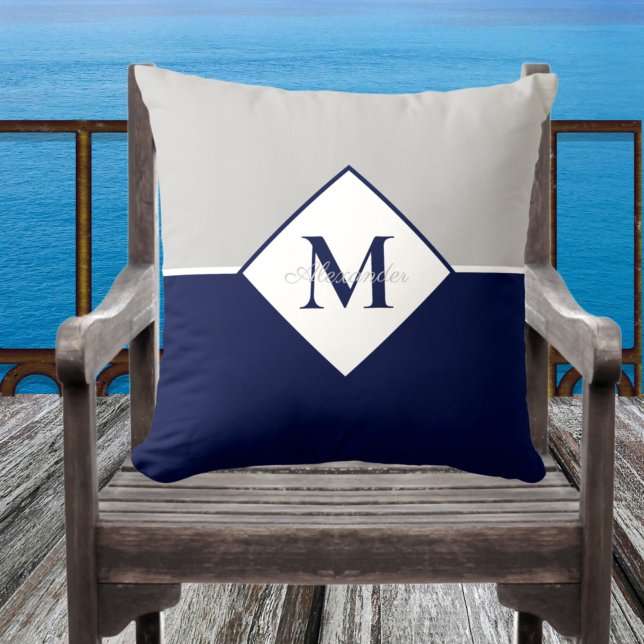 Nautical Modern Navy Blue Gray Monogram  Throw Pillow (Creator Uploaded)