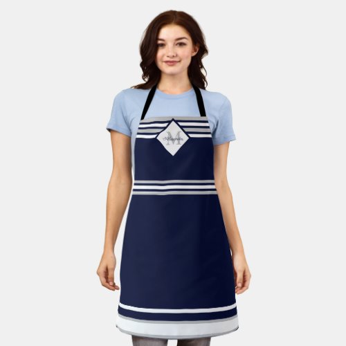 Nautical Modern Navy Blue Gray Stripes Monogram    Apron