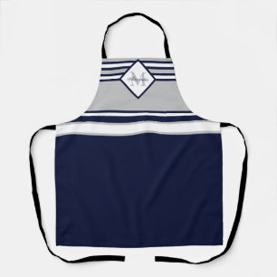 Nautical Modern Navy Blue Gray Stripes Monogram Apron