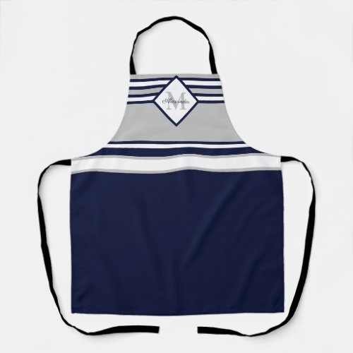 Nautical Modern Navy Blue Gray Stripes Monogram   Apron