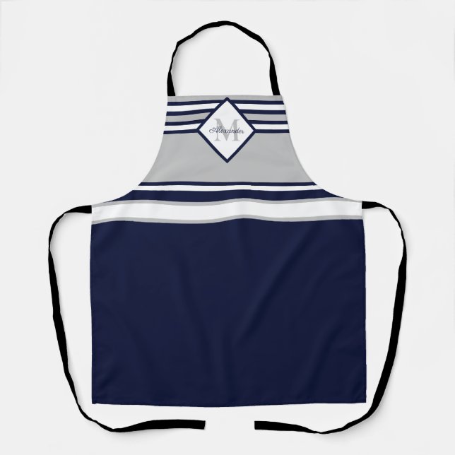 Nautical Modern Navy Blue Gray Stripes Monogram   Apron (Front)