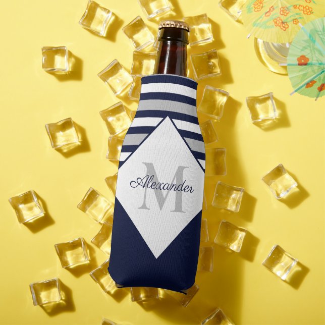 Nautical Modern Navy Blue Gray Stripes Monogram  Bottle Cooler (In Situ Summer)