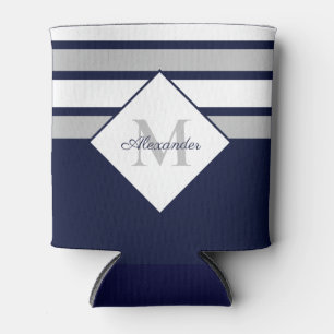 Nautical Modern Navy Blue Gray Stripes Monogram Can Cooler