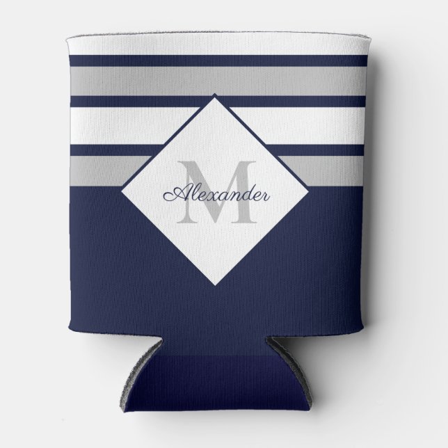 Nautical Modern Navy Blue Gray Stripes Monogram  Can Cooler (Front)