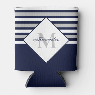 Nautical Modern Navy Blue Gray Stripes Monogram Can Cooler