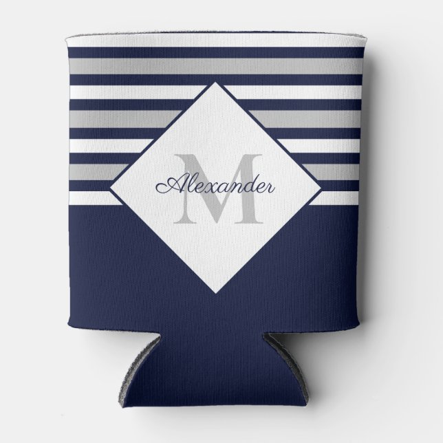Nautical Modern Navy Blue Gray Stripes Monogram  Can Cooler (Front)