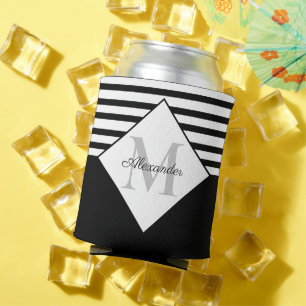 Nautical Modern Navy Blue Gray Stripes Monogram Can Cooler