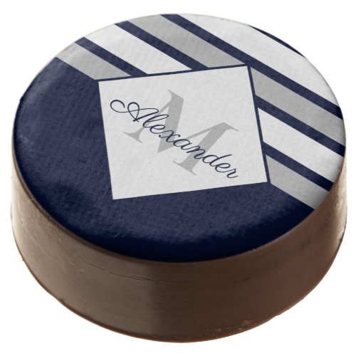 Nautical Modern Navy Blue Gray Stripes Monogram Chocolate Covered Oreo