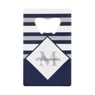 Nautical Modern Navy Blue Gray Stripes Monogram Credit Card Bottle Opener