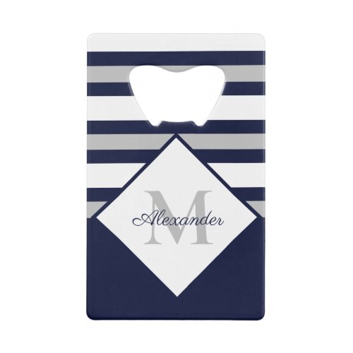 Nautical Modern Navy Blue Gray Stripes Monogram   Credit Card Bottle Opener