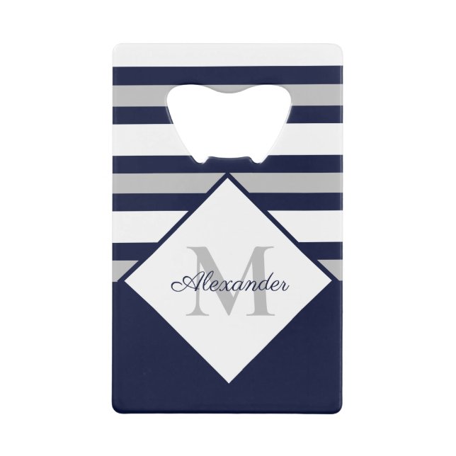 Nautical Modern Navy Blue Gray Stripes Monogram   Credit Card Bottle Opener (Front)