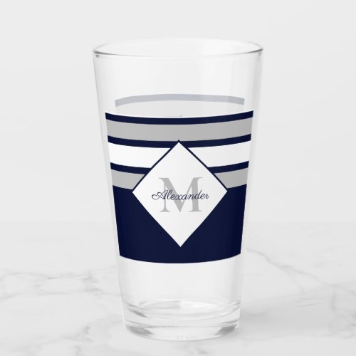 Nautical Modern Navy Blue Gray Stripes Monogram  Glass