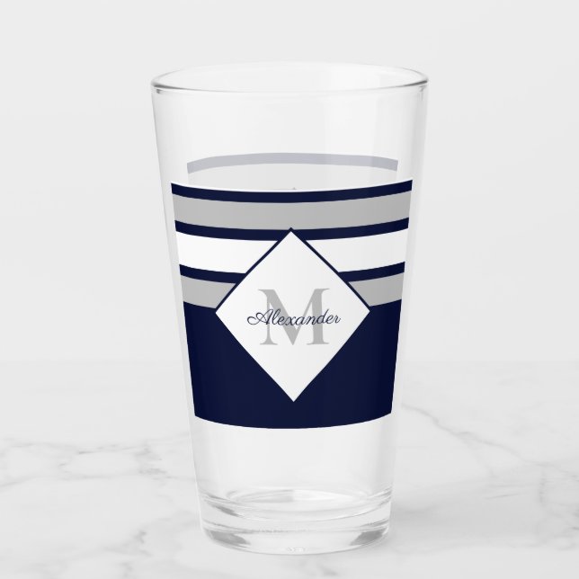 Nautical Modern Navy Blue Gray Stripes Monogram  Glass (Front)