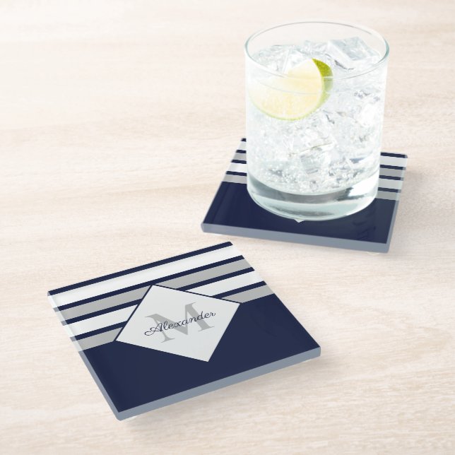 Nautical Modern Navy Blue Gray Stripes Monogram Glass Coaster (Angled)