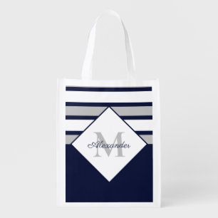 Nautical Modern Navy Blue Gray Stripes Monogram Grocery Bag