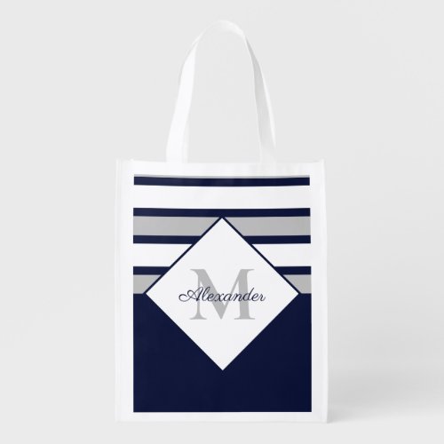 Nautical Modern Navy Blue Gray Stripes Monogram  Grocery Bag
