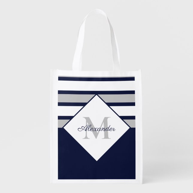 Nautical Modern Navy Blue Gray Stripes Monogram  Grocery Bag (Front)